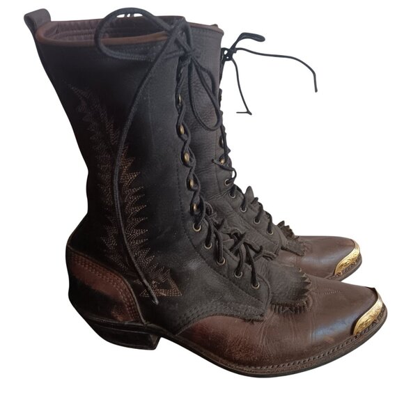 Vintage Women's Boots 9M Rancher Cowgirl Packer Lug Lace-Up Western Gold Caps - Picture 1 of 11